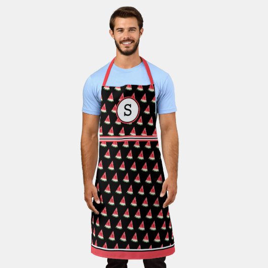 Watermeloen op zwart monogram schort (Gedragen)