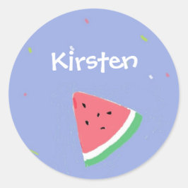 Watermeloen plak aangepaste naam blauw ronde sticker