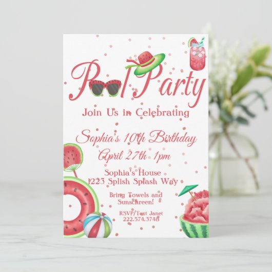 Watermeloen Pool Party Birthday, Uitnodiging (Staand voorkant)