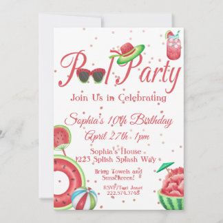 Watermeloen Pool Party Birthday, Uitnodiging