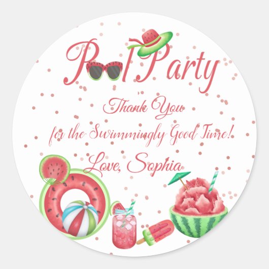 Watermeloen Pool Party Dank u Ronde Sticker (Voorkant)