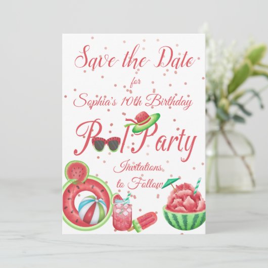 Watermeloen Pool Party Verjaardag, Save The Date (Staand voorkant)