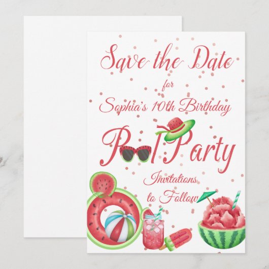 Watermeloen Pool Party Verjaardag, Save The Date (Voorkant / Achterkant)