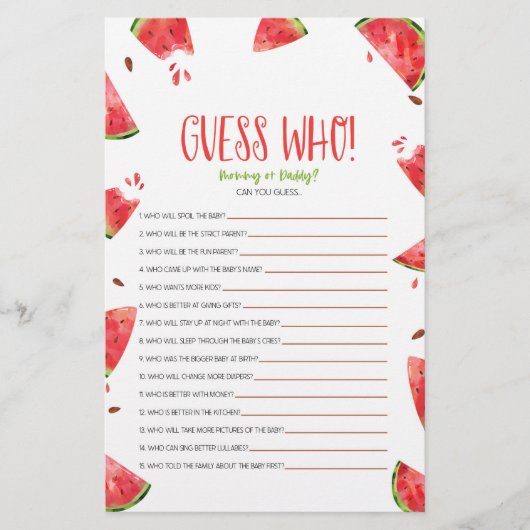 Watermeloen Roze Groen Guess Wie Baby shower spel Briefpapier (Voorkant)