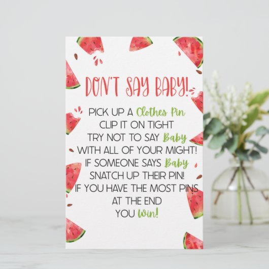 Watermeloen Roze Groen Zeg niet Baby shower Spel Briefpapier (Staand voorkant)