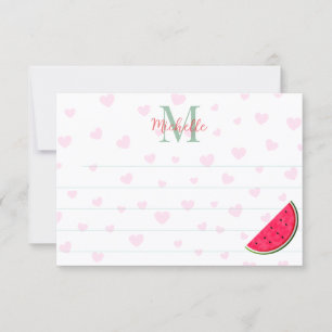 Watermeloen Roze Harten Aangepaste Monogram Voerin Notitiekaartje