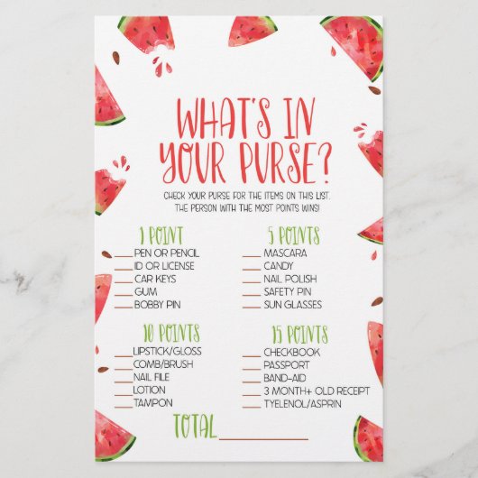 Watermeloen Roze Wat is in Purse Baby shower spel Briefpapier (Voorkant)