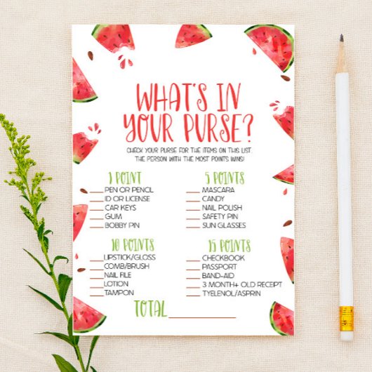 Watermeloen Roze Wat is in Purse Baby shower spel Briefpapier