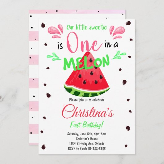 Watermeloen Schijf 1e Verjaardagsuitnodiging Kaart (Voorkant / Achterkant)