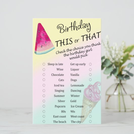 Watermeloen verjaardag this or that spel (Staand voorkant)