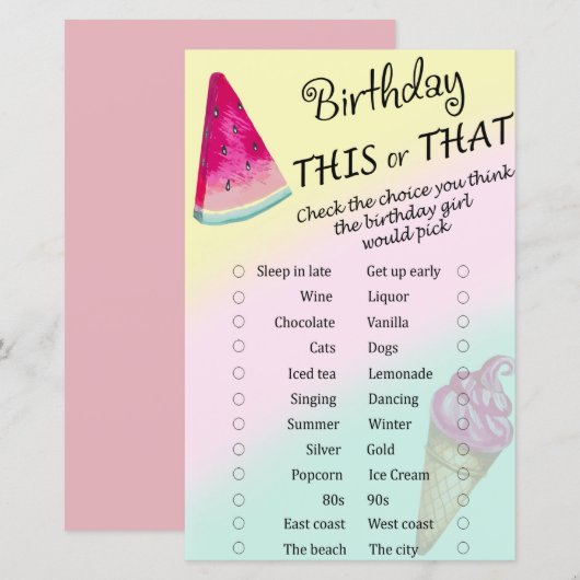 Watermeloen verjaardag this or that spel (Voorkant / Achterkant)