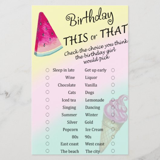 Watermeloen verjaardag this or that spel (Voorkant)