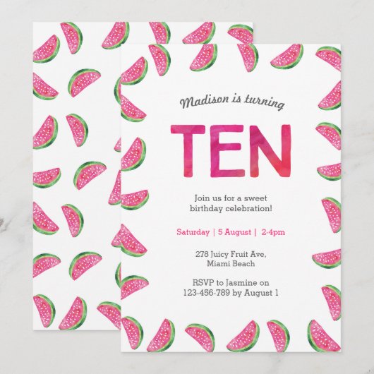 Watermeloen Verjaardag uitnodiging voor 10e Verjaa (Voorkant / Achterkant)