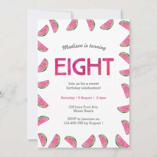 Watermeloen Verjaardag uitnodiging voor 8e Verjaar (Voorkant)