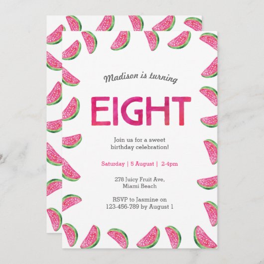 Watermeloen Verjaardag uitnodiging voor 8e Verjaar (Voorkant / Achterkant)