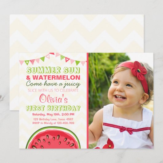 Watermeloen Verjaardag Uitnodiging Zon Zomerfeest (Voorkant / Achterkant)