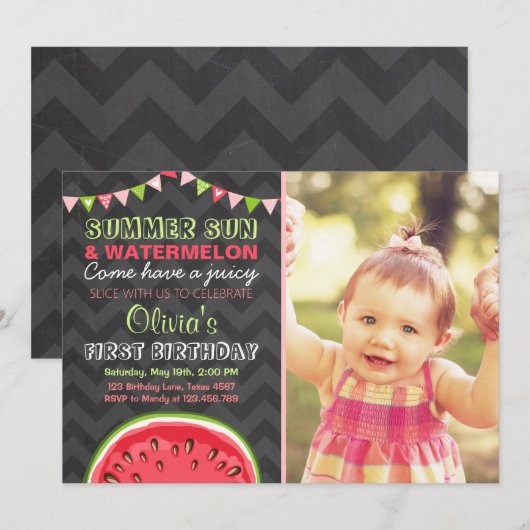 Watermeloen Verjaardag Uitnodiging Zon Zomerfeest (Voorkant / Achterkant)