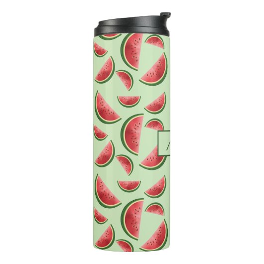 Watermeloen vruchtpatroon op groen met aangepaste  thermosbeker (Gedraaid links)