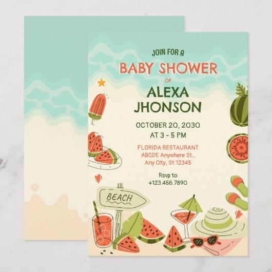 Watermeloen zomerstrand baby shower kaart (Voorkant / Achterkant)