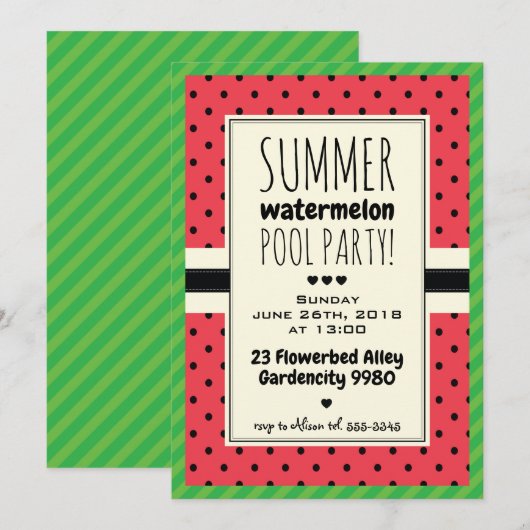 Watermeloen zomerzwembad uitnodiging polka dots (Voorkant / Achterkant)