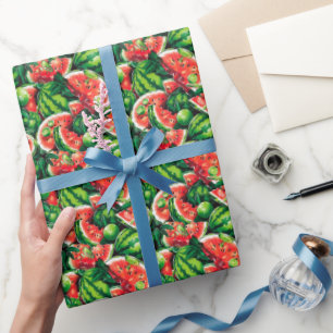 Watermeloenen, limoen, watermeloenbladeren, kleine cadeaupapier