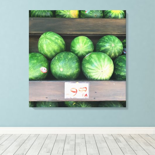 Watermeloenen voor verkoop, fruitstandaard, New Yo Canvas Afdruk (Insitu (Houten vloer))