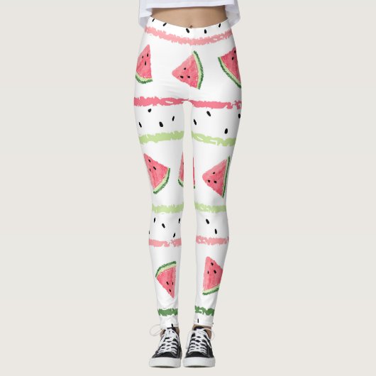 Watermeloenplakjes: Waterverf Gestreept Naadloos Leggings (Voorkant)