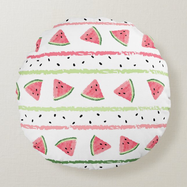 Watermeloenplakjes: Waterverf Gestreept Naadloos Rond Kussen (Voorkant)