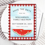 Watermeloensgezinshereniging sparen de datum aankondigingskaart<br><div class="desc">Plan je een familiereünie? Laat je familie de datum weten met deze Save the Date briefkaarten. Ze zijn versierd met waterverf watermeloenen en blauwe lucht op een rode en witte buffel check achtergrond. Gemakkelijk aan te passen. Originele Waterverf © Michele Davies.</div>