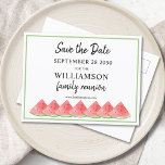 Watermeloensgezinshereniging sparen de datum aankondigingskaart<br><div class="desc">Deze familiereünie Save The Date briefkaart is versierd met waterverf watermeloenen. Eenvoudig aan te passen. Gebruik het Hulpmiddel van het Ontwerp om de tekstgrootte, de stijl, of de kleur te veranderen. Omdat wij ons kunstwerk creëer, zult u dit nauwkeurige afbeelding niet vinden van andere ontwerpers. Oorspronkelijke Waterverf © Michele Davies....</div>