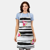 Watermeloenwiggen op zwart streepwit patroon schort (Gedragen)