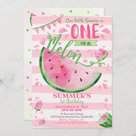 Watermelon 1st Birthday Invitation Kaart (Voorkant / Achterkant)