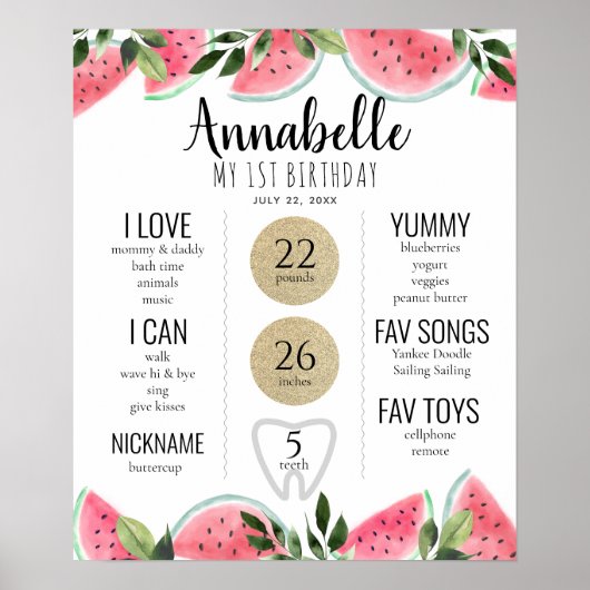 Watermelon 1st Birthday Milestone Roze Poster (Voorkant)