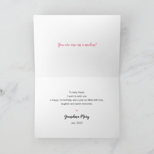 Watermelon 1st-geboortecaart voor één jaar oud mei kaart (Binnen)