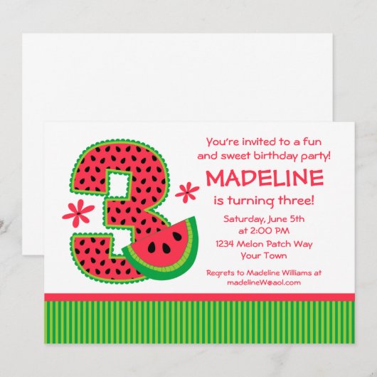 Watermelon 3rd Birthday Stripe Kaart (Voorkant / Achterkant)