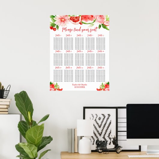 Watermelon and Pomegranate 15 Tables Seating Chart Poster (Thuiskantoor)
