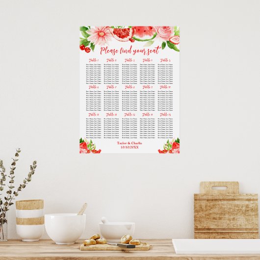 Watermelon and Pomegranate 15 Tables Seating Chart Poster (Keuken)