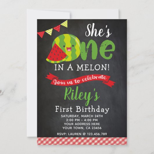 Watermelon Birthday Invitation, Chalkboard Kaart (Voorkant)