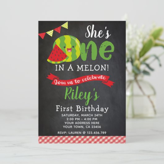 Watermelon Birthday Invitation, Chalkboard Kaart (Staand voorkant)