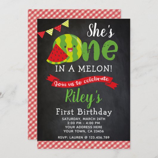 Watermelon Birthday Invitation, Chalkboard Kaart (Voorkant / Achterkant)