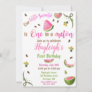 Watermelon birthday invitation One in a melon girl Kaart