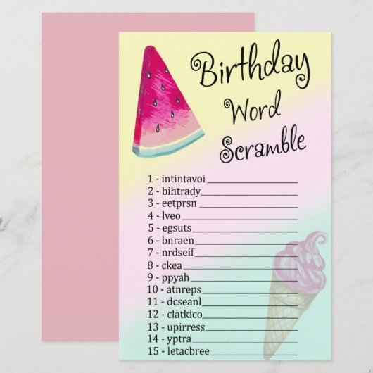 Watermelon Birthday Word Scramble Game (Voorkant / Achterkant)