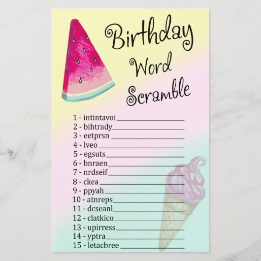 Watermelon Birthday Word Scramble Game (Voorkant)