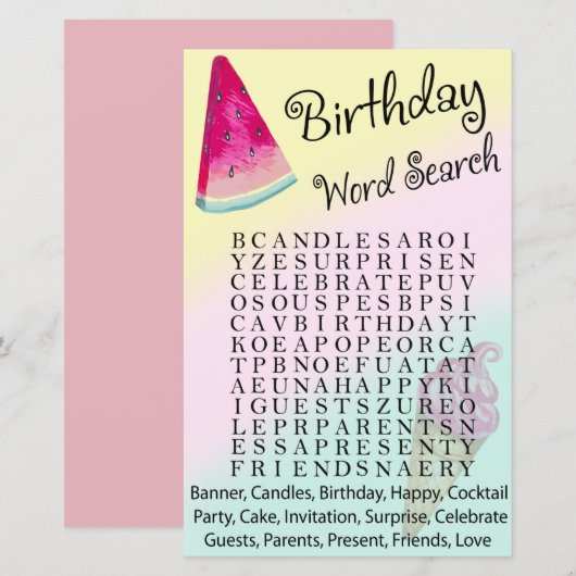 Watermelon Birthday word search game (Voorkant / Achterkant)