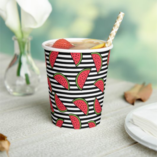Watermelon Black & White Stripes Pattern Papieren Bekers (Insitu)