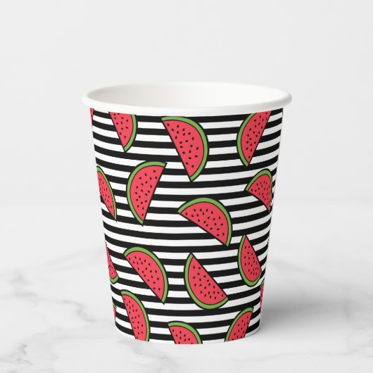 Watermelon Black & White Stripes Pattern Papieren Bekers (Achterkant)