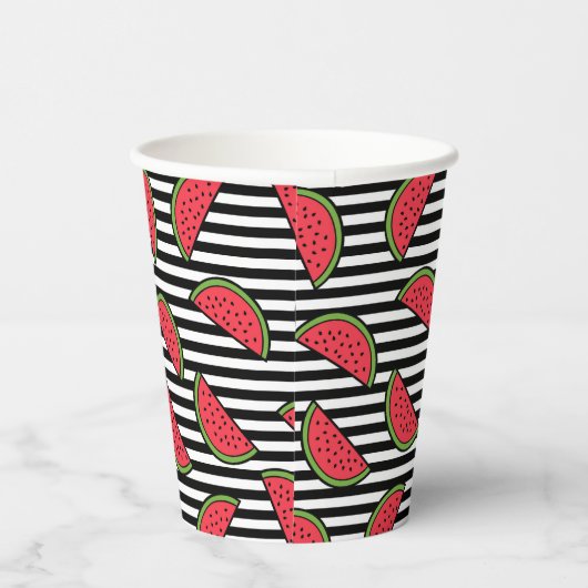 Watermelon Black & White Stripes Pattern Papieren Bekers (Rechts)