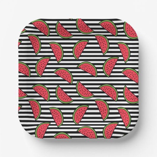 Watermelon Black & White Stripes Pattern Papieren Bordje (Voorkant)
