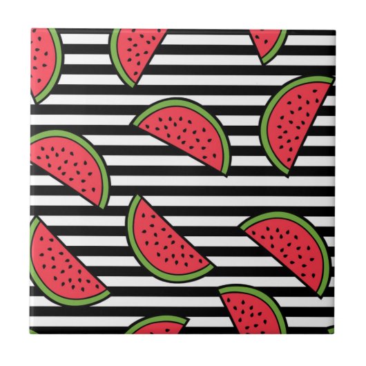 Watermelon Black & White Stripes Pattern Tegeltje (Voorkant)