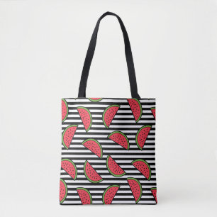Watermelon Black & White Stripes Pattern Tote Bag